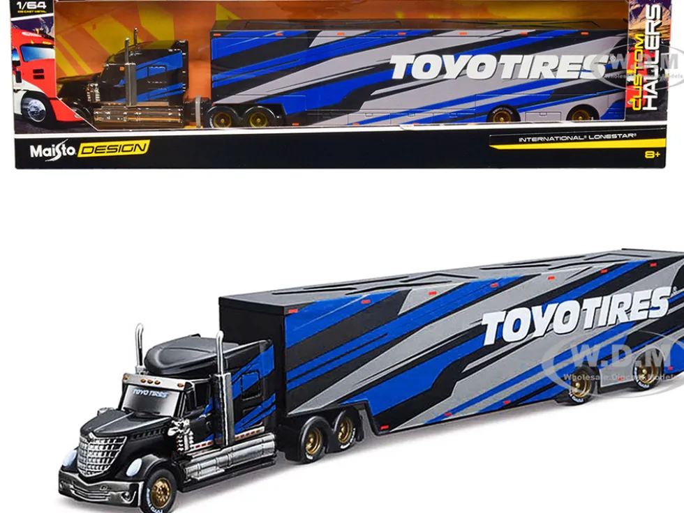International LoneStar Enclosed Car Transporter Toyo Tires Black with Blue and Gray Stripes Custom Haulers Series 1/64 Diecast Model Maisto 12418-TO