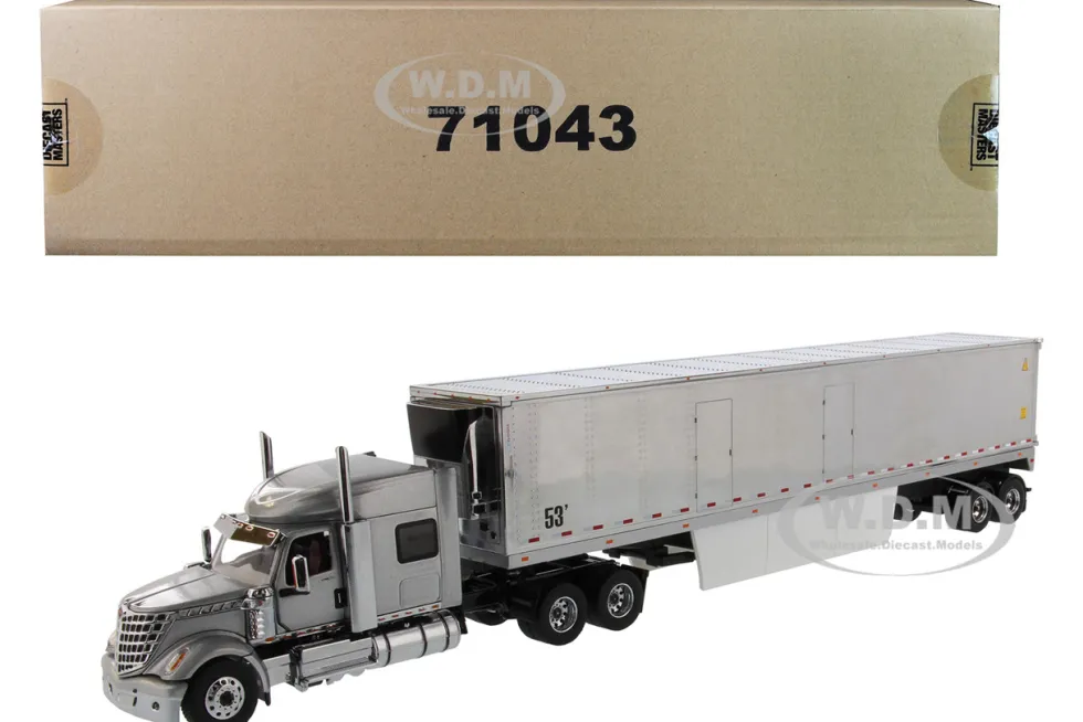 International LoneStar Sleeper Cab Silver with 53' Reefer Refrigerated Chrome Plated Van Trailer Transport Series 1/50 Diecast Model Diecast Masters 71043