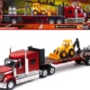 International Lonestar Truck with Flatbed Trailer Red Metallic with Front Loader and Rocks Long Haul Truckers Series 1/32 Diecast Model New Ray SS-10393B