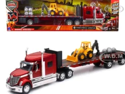 International Lonestar Truck with Flatbed Trailer Red Metallic with Front Loader and Rocks Long Haul Truckers Series 1/32 Diecast Model New Ray SS-10393B