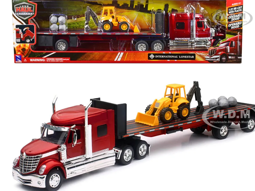 International Lonestar Truck with Flatbed Trailer Red Metallic with Front Loader and Rocks Long Haul Truckers Series 1/32 Diecast Model New Ray SS-10393B
