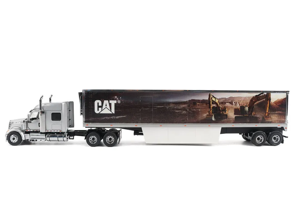 International Lonestar Truck with Sleeper Silver Metallic with "CAT Caterpillar" Mural Trailer "Transport Series" 1/50 Diecast Model by Diecast Masters