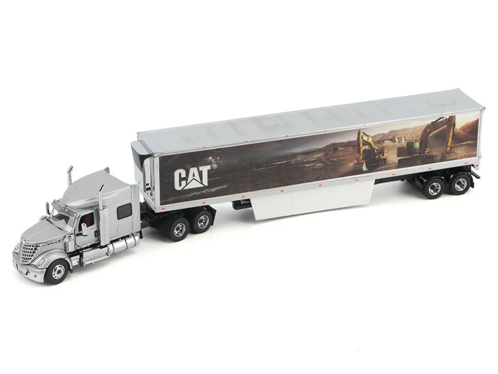 International Lonestar Truck with Sleeper Silver Metallic with "CAT Caterpillar" Mural Trailer "Transport Series" 1/50 Diecast Model by Diecast Masters
