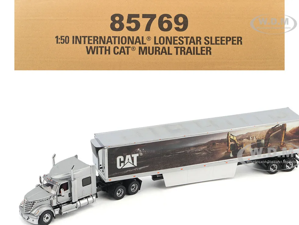 International Lonestar Truck with Sleeper Silver Metallic with "CAT Caterpillar" Mural Trailer "Transport Series" 1/50 Diecast Model by Diecast Masters