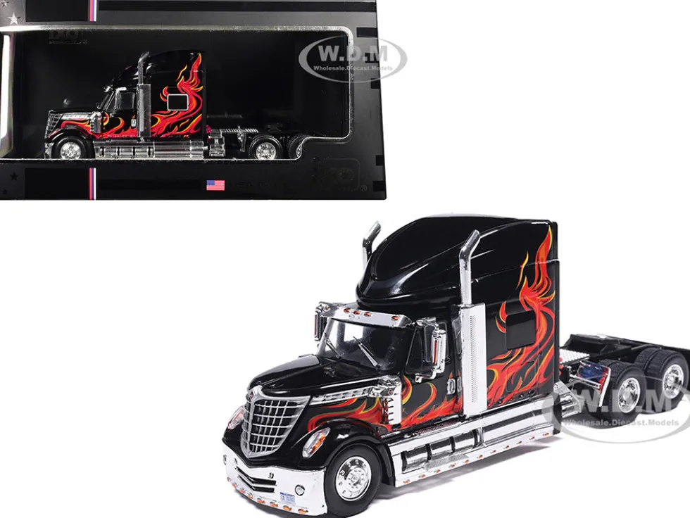 2010 International Lonestar Truck Tractor Black with Flame Graphics 1/64 Diecast Model by IXO Models