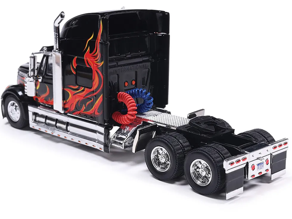 2010 International Lonestar Truck Tractor Black with Flame Graphics 1/64 Diecast Model by IXO Models