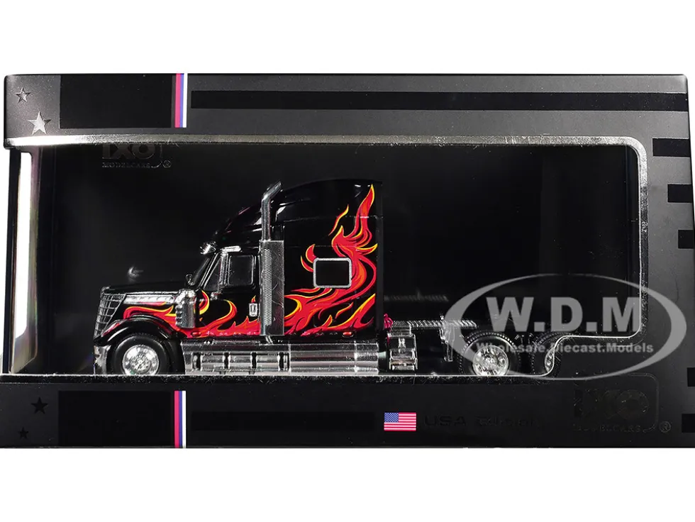 2010 International Lonestar Truck Tractor Black with Flame Graphics 1/64 Diecast Model by IXO Models
