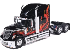 2010 International Lonestar Truck Tractor Black with Flame Graphics 1/64 Diecast Model by IXO Models