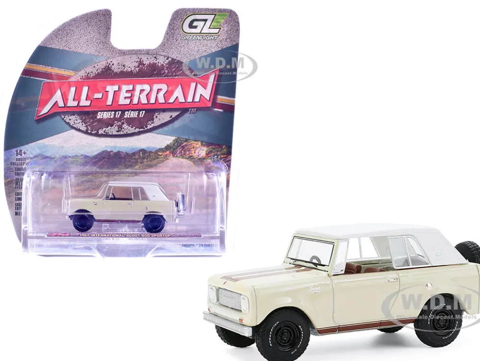 1967 International Scout 800 Sportop Cream with Brown Stripes and White Top "All Terrain" Series 17 1/64 Diecast Model Car by Greenlight