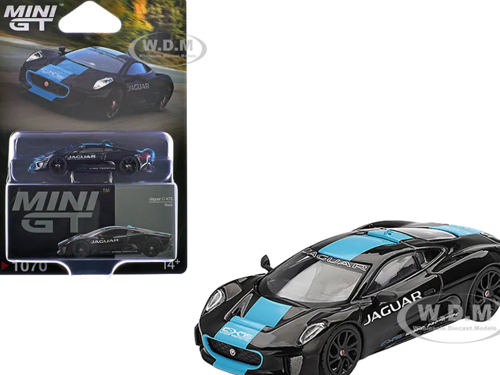 Jaguar C-X75 Black with Light Blue Stripe Limited Edition 1/64 Diecast Model Car by Mini GT