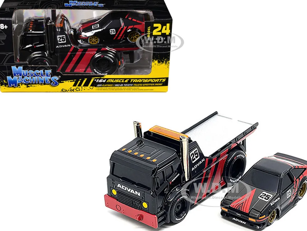 JDM Flatbed Truck #25 Black and Red and 1983-85 Toyota Trueno Sprinter (AE86) #25 Black and Red "Advan" Livery "Muscle Transports" Series 1/64 Diecast Models by Muscle Machines