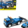 JDM Flatbed Truck #5 Blue Metallic Liberty Walk LBWK and 1999 Nissan Skyline GT R R34 #5 Blue Metallic Liberty Walk LBWK Muscle Transports Series 1/64 Diecast Models Muscle Machines 11546BL