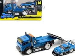 JDM Flatbed Truck #5 Blue Metallic Liberty Walk LBWK and 1999 Nissan Skyline GT R R34 #5 Blue Metallic Liberty Walk LBWK Muscle Transports Series 1/64 Diecast Models Muscle Machines 11546BL