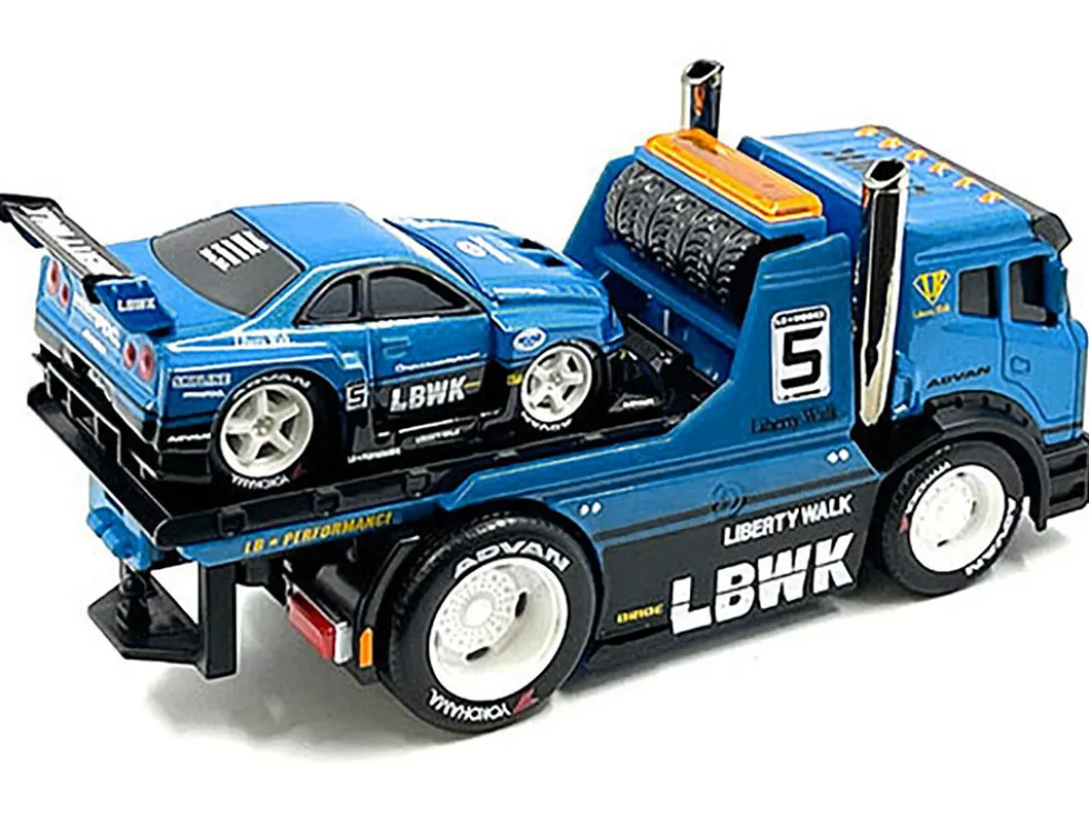 JDM Flatbed Truck #5 Blue Metallic Liberty Walk LBWK and 1999 Nissan Skyline GT R R34 #5 Blue Metallic Liberty Walk LBWK Muscle Transports Series 1/64 Diecast Models Muscle Machines 11546BL
