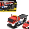 JDM Flatbed Truck #46 Red and White with Blue Stripes and 1972 Datsun 240Z #46 Red and White with Blue Stripes "BRE" "Muscle Transports" Series 1/64 Diecast Models by Muscle Machines