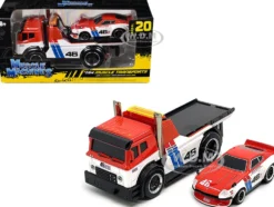 JDM Flatbed Truck #46 Red and White with Blue Stripes and 1972 Datsun 240Z #46 Red and White with Blue Stripes "BRE" "Muscle Transports" Series 1/64 Diecast Models by Muscle Machines