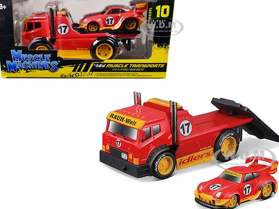 JDM Flatbed Truck #17 Red RAUH Welt BEGRIFF and Porsche RWB 911 993 #17 Red Muscle Transports Series 1/64 Diecast Models Muscle Machines 11543RD
