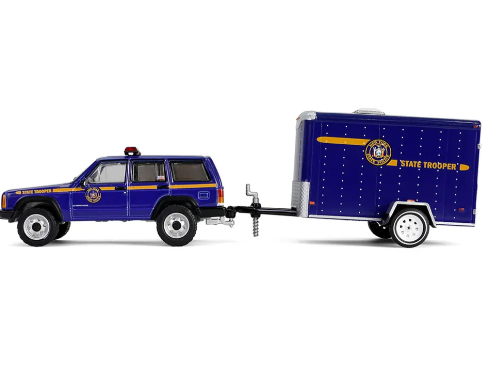 2001 Jeep Cherokee "New York State Police" Blue with Yellow Stripes and Small Cargo Trailer "Hot Pursuit Hitch & Tow" Series 1 1/64 Diecast Model Cars by Greenlight