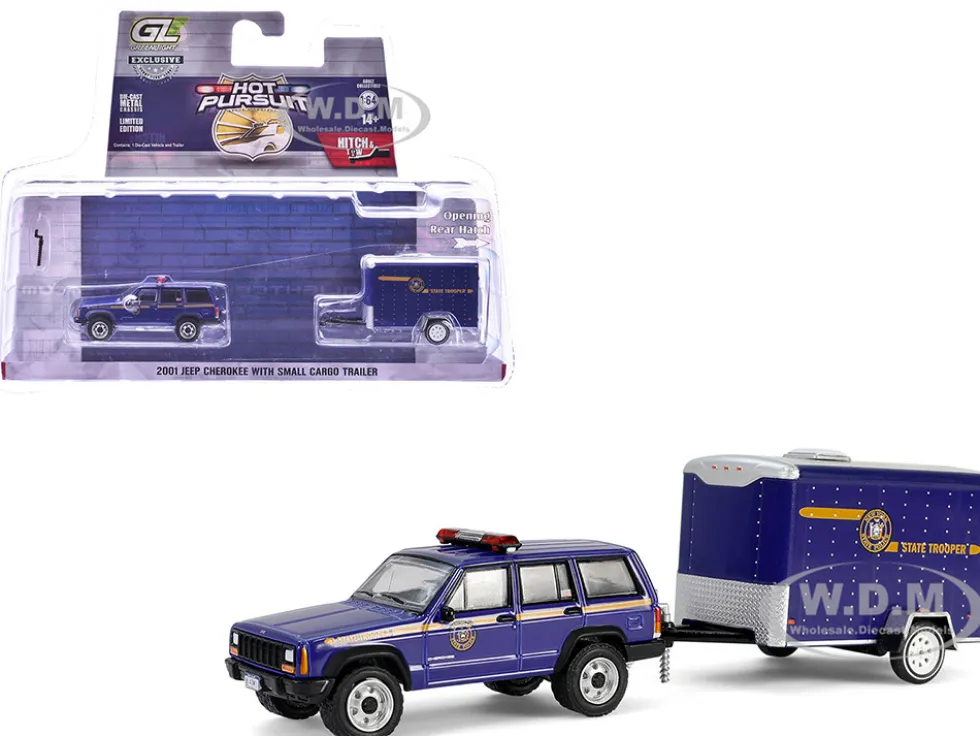2001 Jeep Cherokee "New York State Police" Blue with Yellow Stripes and Small Cargo Trailer "Hot Pursuit Hitch & Tow" Series 1 1/64 Diecast Model Cars by Greenlight