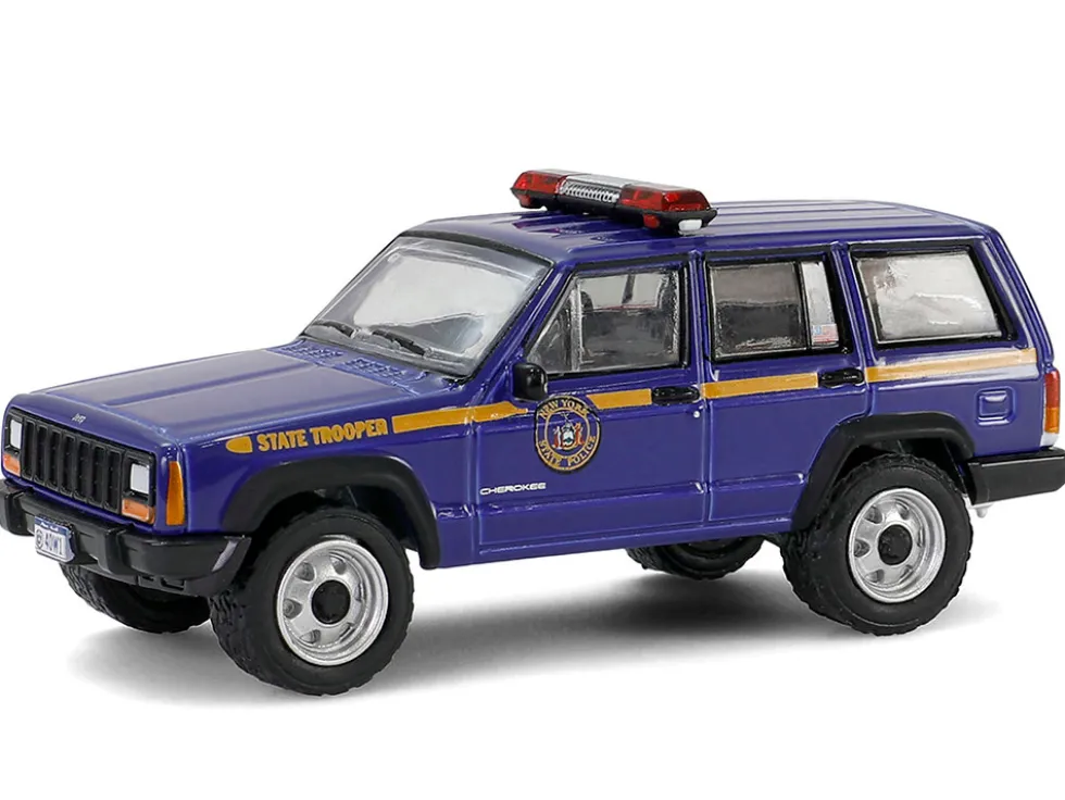 2001 Jeep Cherokee "New York State Police" Blue with Yellow Stripes and Small Cargo Trailer "Hot Pursuit Hitch & Tow" Series 1 1/64 Diecast Model Cars by Greenlight
