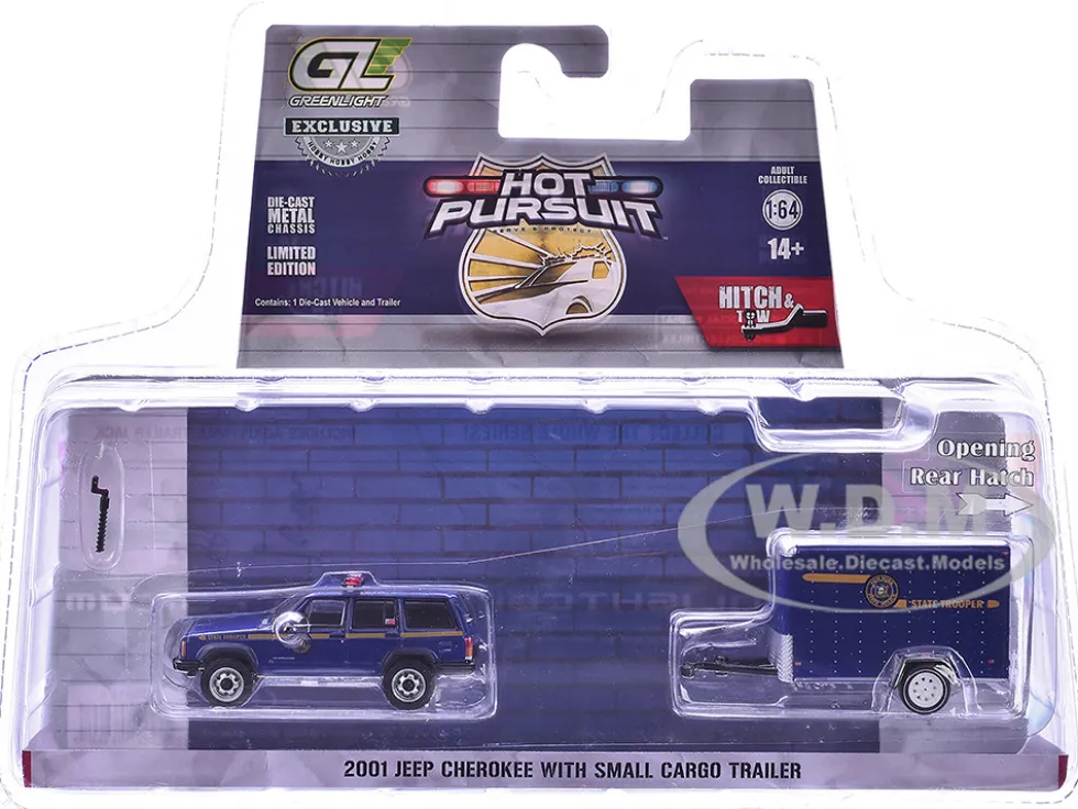 2001 Jeep Cherokee "New York State Police" Blue with Yellow Stripes and Small Cargo Trailer "Hot Pursuit Hitch & Tow" Series 1 1/64 Diecast Model Cars by Greenlight