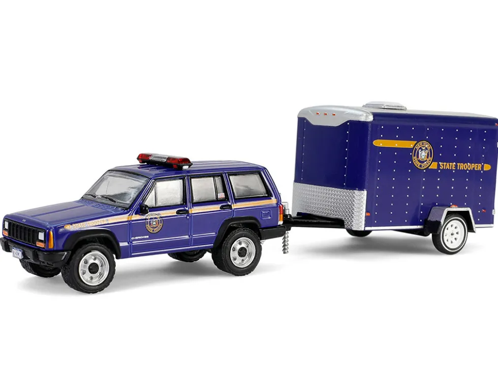2001 Jeep Cherokee "New York State Police" Blue with Yellow Stripes and Small Cargo Trailer "Hot Pursuit Hitch & Tow" Series 1 1/64 Diecast Model Cars by Greenlight