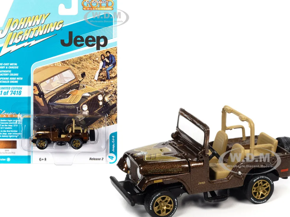 Jeep CJ-5 Mocha Brown Metallic with Golden Eagle Graphics Classic Gold Collection Series Limited Edition 7418 pieces Worldwide 1/64 Diecast Model Car Johnny Lightning JLCG025-JLSP150 A