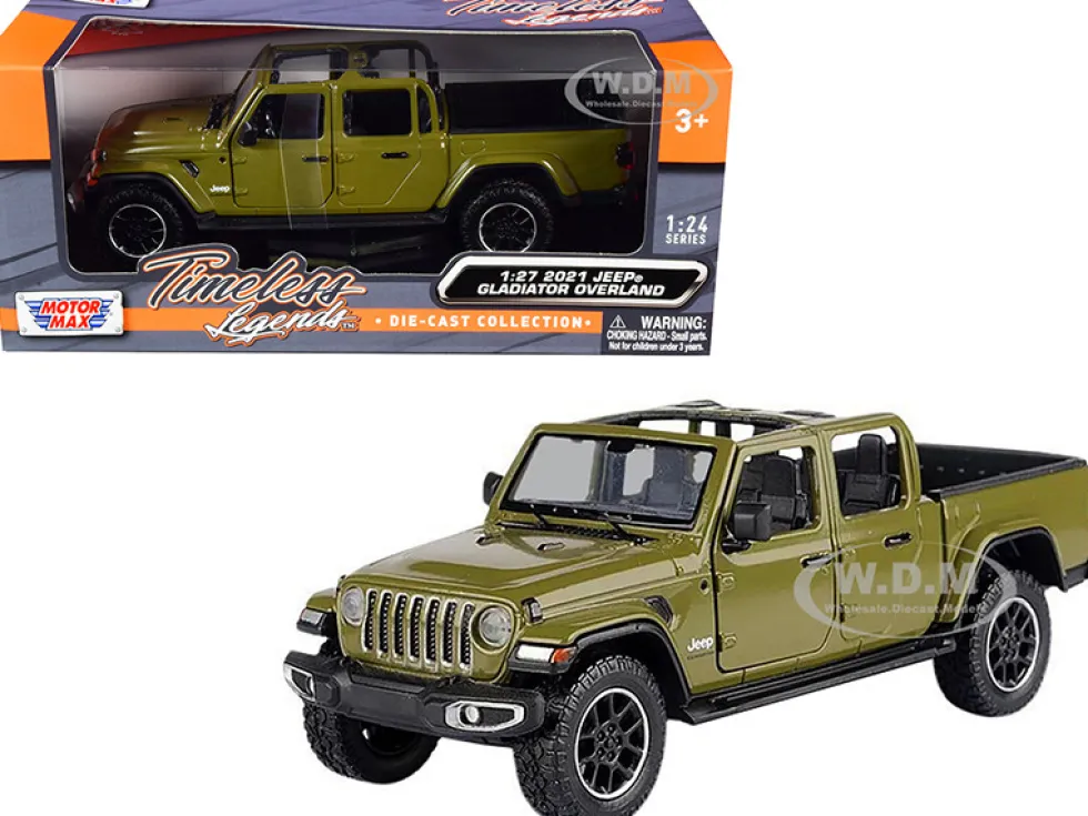 2021 Jeep Gladiator Overland Open Top Pickup Truck Matt Green 1/24 1/27 Diecast Model Car Motormax 79367