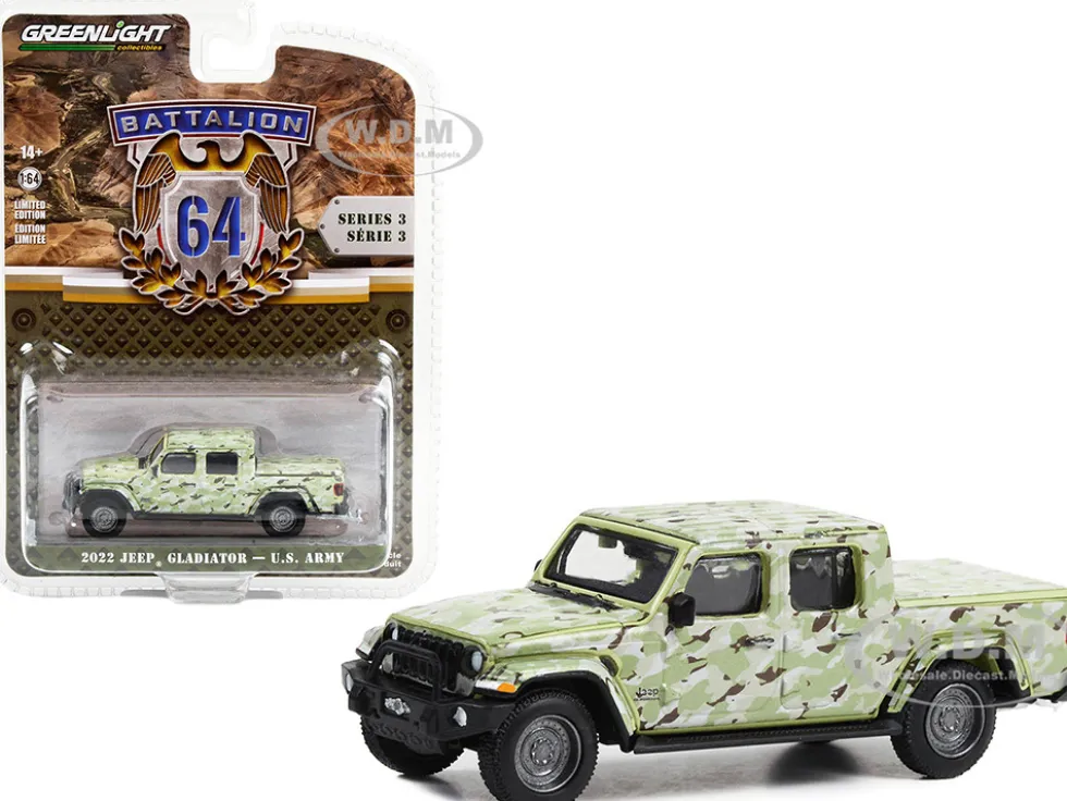 2022 Jeep Gladiator Pickup Truck U.S. Army Military Spec Camouflage Battalion 64 Series 3 1/64 Diecast Model Car Greenlight 61030F
