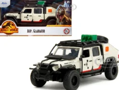 Jeep Gladiator Pickup Truck with Equipment Shell Beige with Graphics Biosyn Genetics Jurassic World Dominion 2022 Movie Hollywood Rides Series 1/32 Diecast Model Car Jada 34465