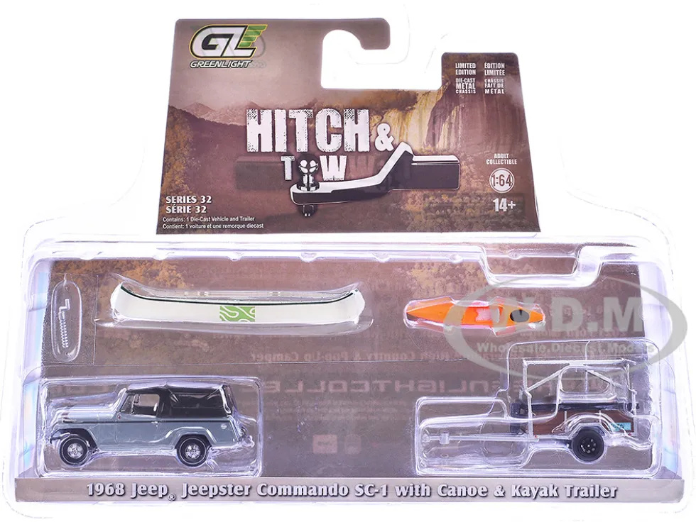 1968 Jeep Jeepster Commando SC-1 Gray with Black Stripes and Top with Canoe Trailer, Canoe Rack, Canoe and Kayak "Hitch & Tow" Series 32 1/64 Diecast Model Cars by Greenlight