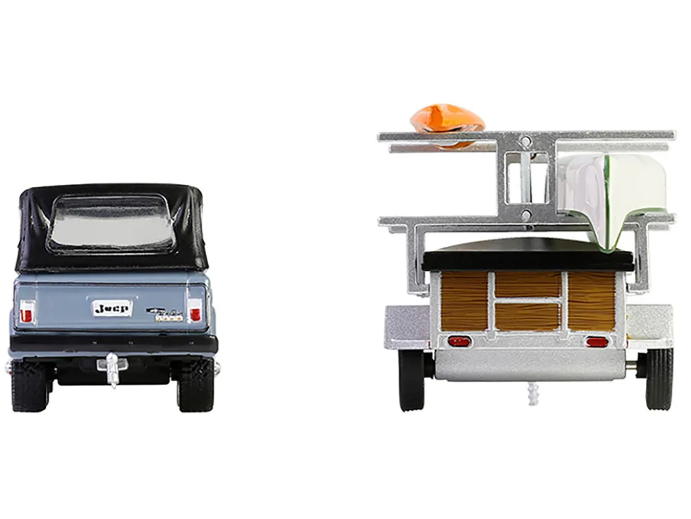 1968 Jeep Jeepster Commando SC-1 Gray with Black Stripes and Top with Canoe Trailer, Canoe Rack, Canoe and Kayak "Hitch & Tow" Series 32 1/64 Diecast Model Cars by Greenlight
