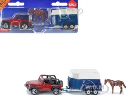 Jeep Red with Horse Trailer Blue and Horse Accessory Diecast Model Siku 1651