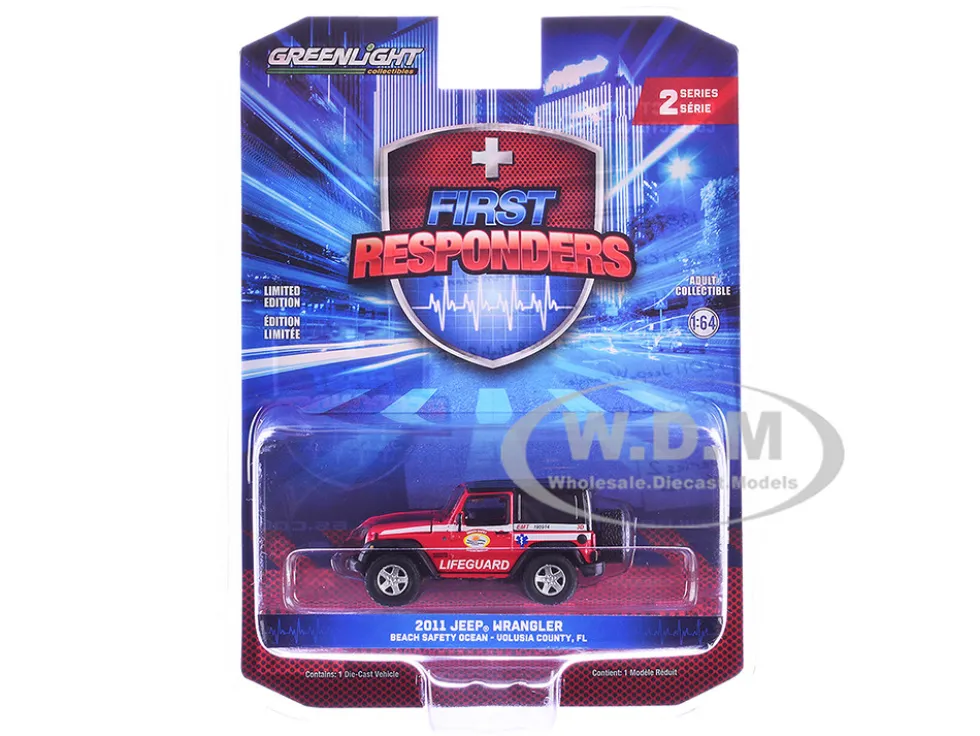 2011 Jeep Wrangler "Volusia County Florida Beach Safety Ocean Rescue Lifeguard/EMT" Red with White Stripes "First Responders" Series 2 1/64 Diecast Model Car by Greenlight