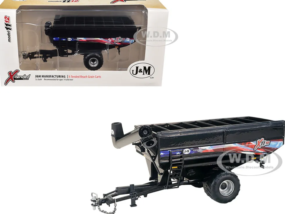 J&M 1112 X-Tended Reach Patriotic Grain Cart with Wheels Black 1/64 Diecast Model by SpecCast