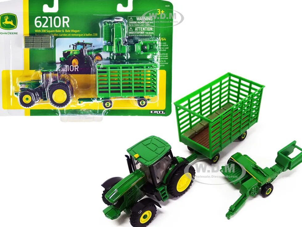 John Deere 6210R Tractor 338 Square Baler Bale Wagon 6 Bales 1/64 Diecast Models ERTL TOMY 45439
