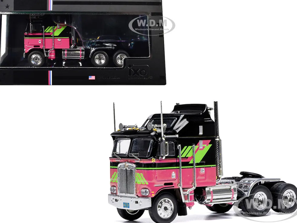 1976 Kenworth K100 Aerodyne Truck Tractor Black and Pink with Graphics 1/64 Diecast Model by IXO Models
