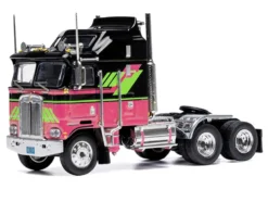 1976 Kenworth K100 Aerodyne Truck Tractor Black and Pink with Graphics 1/64 Diecast Model by IXO Models