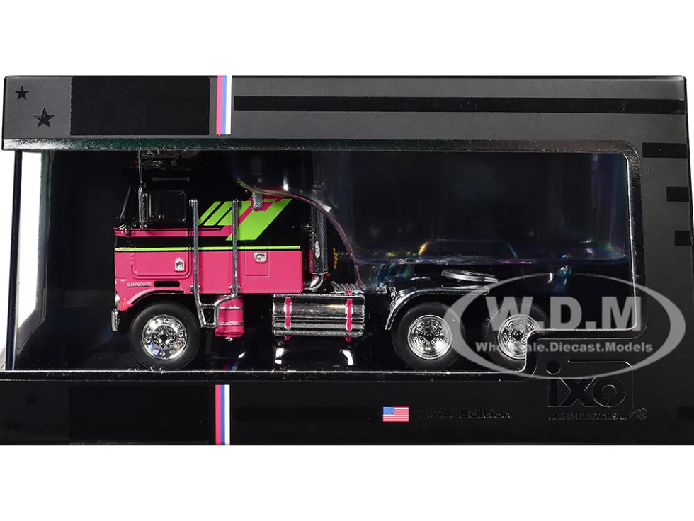 1976 Kenworth K100 Aerodyne Truck Tractor Black and Pink with Graphics 1/64 Diecast Model by IXO Models