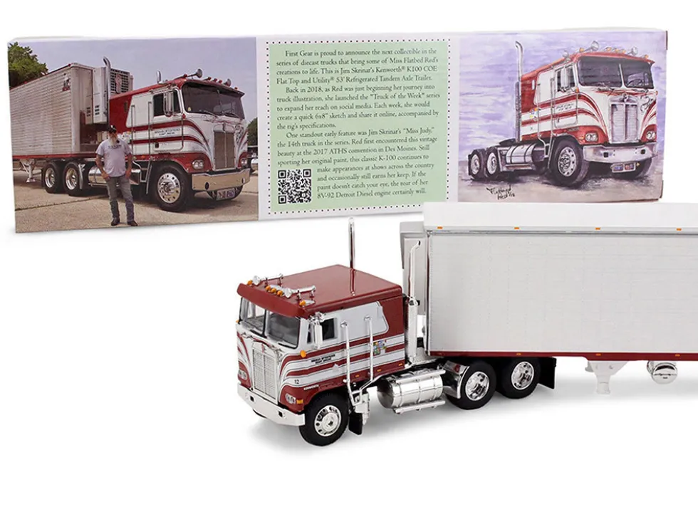 Kenworth K100 COE Flat Top and 53' Utility Trailer with Reefer "Red's Favorites - Jim Skrinar" Red with White Stripes 1/64 Diecast Model by DCP/First Gear