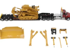 Kenworth T880 Day Cab Red and Trail King TK120 Lowboy Trailer with CAT Caterpillar D11R Dozer and Components Load "Transport Series" 1/50 Diecast Model by Diecast Masters