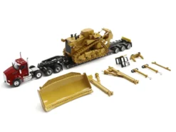 Kenworth T880 Day Cab Red and Trail King TK120 Lowboy Trailer with CAT Caterpillar D11R Dozer and Components Load