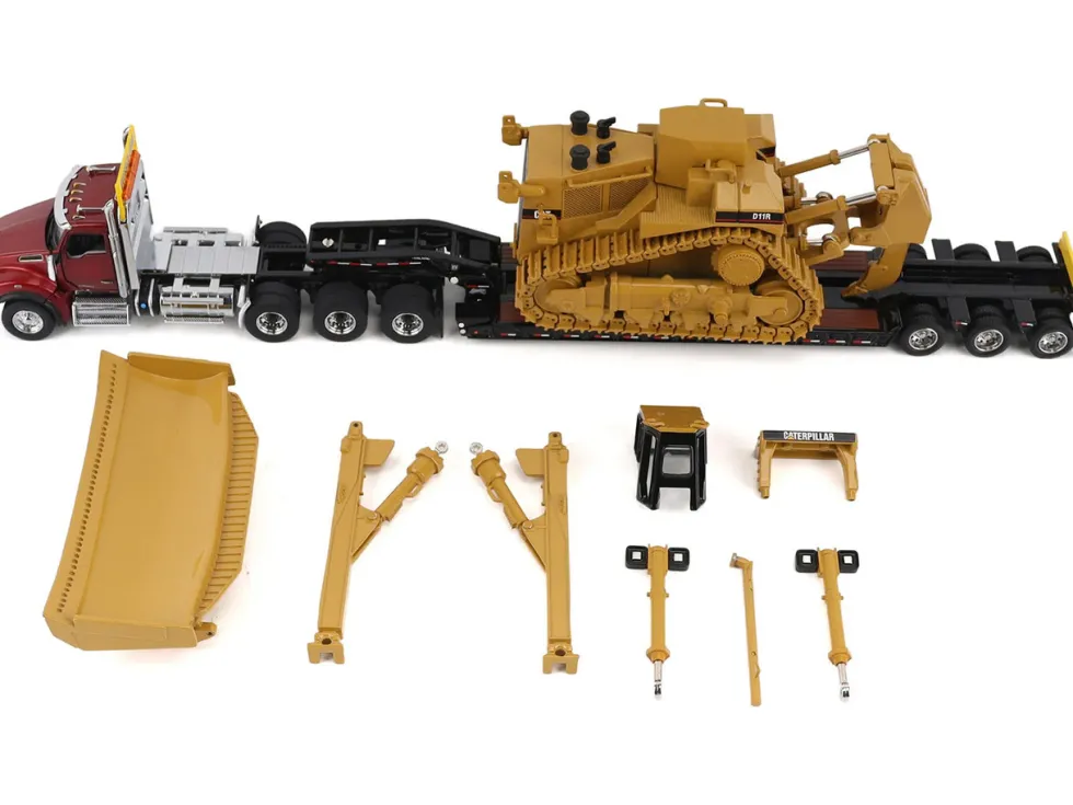 Kenworth T880 Day Cab Red and Trail King TK120 Lowboy Trailer with CAT Caterpillar D11R Dozer and Components Load "Transport Series" 1/50 Diecast Model by Diecast Masters