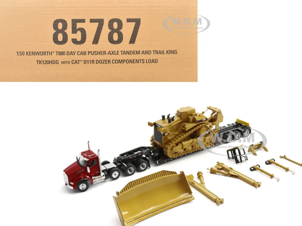 Kenworth T880 Day Cab Red and Trail King TK120 Lowboy Trailer with CAT Caterpillar D11R Dozer and Components Load "Transport Series" 1/50 Diecast Model by Diecast Masters