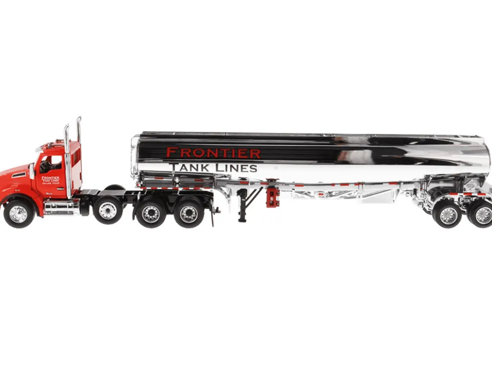 Kenworth T880 SBFA Tandem Day Cab Truck Pusher Axle Heil FD9300/DT-C4 Petroleum Tanker Trailer Frontier Tank Lines Red Chrome Transport Series Limited Edition 500 pieces Worldwide 1/50 Diecast Model Diecast Masters 64190