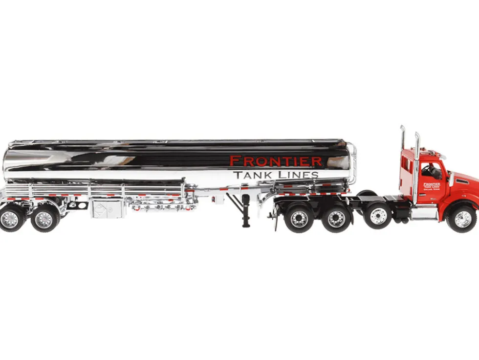 Kenworth T880 SBFA Tandem Day Cab Truck Pusher Axle Heil FD9300/DT-C4 Petroleum Tanker Trailer Frontier Tank Lines Red Chrome Transport Series Limited Edition 500 pieces Worldwide 1/50 Diecast Model Diecast Masters 64190