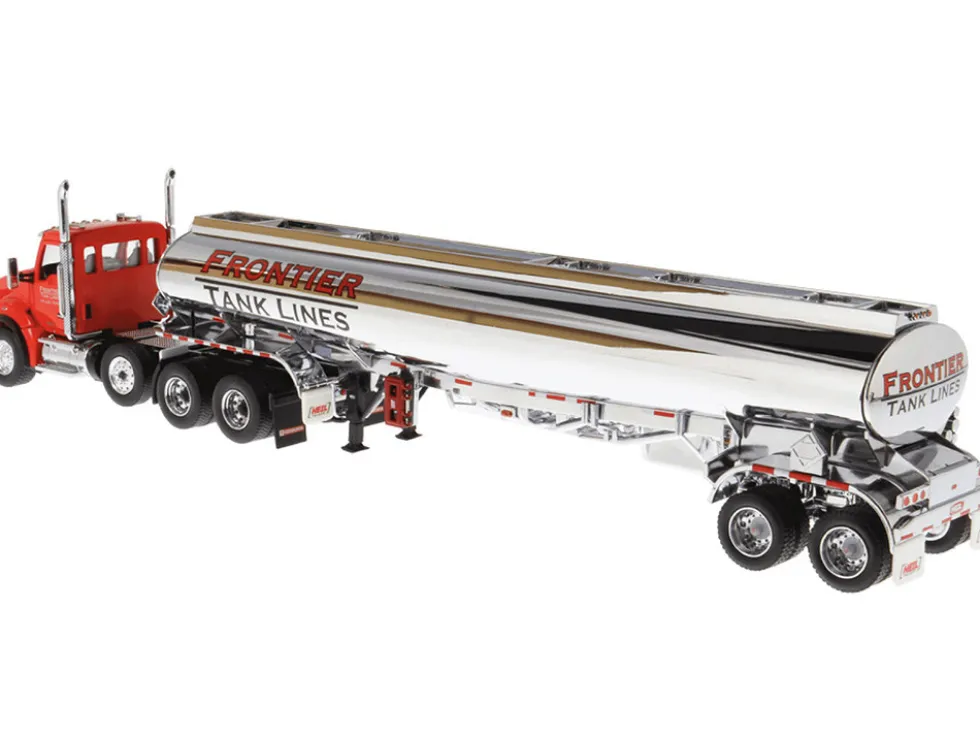 Kenworth T880 SBFA Tandem Day Cab Truck Pusher Axle Heil FD9300/DT-C4 Petroleum Tanker Trailer Frontier Tank Lines Red Chrome Transport Series Limited Edition 500 pieces Worldwide 1/50 Diecast Model Diecast Masters 64190