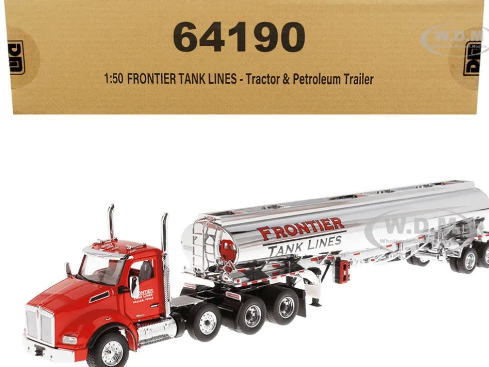 Kenworth T880 SBFA Tandem Day Cab Truck Pusher Axle Heil FD9300/DT-C4 Petroleum Tanker Trailer Frontier Tank Lines Red Chrome Transport Series Limited Edition 500 pieces Worldwide 1/50 Diecast Model Diecast Masters 64190