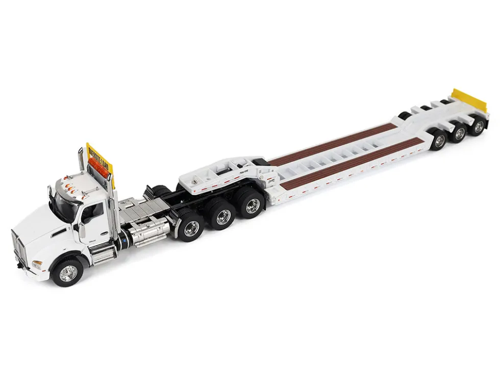 Kenworth T880 SBFA Tridem Truck with Trail King HDG Lowboy Trailer White "Transport Series" 1/50 Diecast Model by Diecast Masters