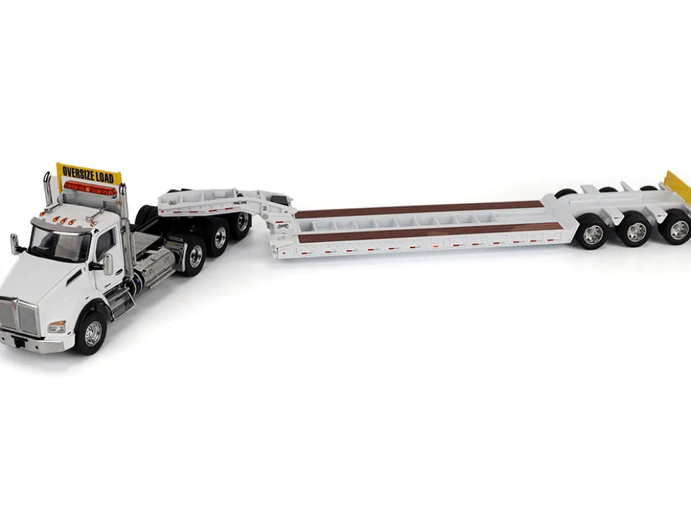 Kenworth T880 SBFA Tridem Truck with Trail King HDG Lowboy Trailer White "Transport Series" 1/50 Diecast Model by Diecast Masters